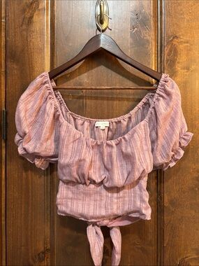 Puff Sleeve Tie-Front Crop Top in Mauve Pink